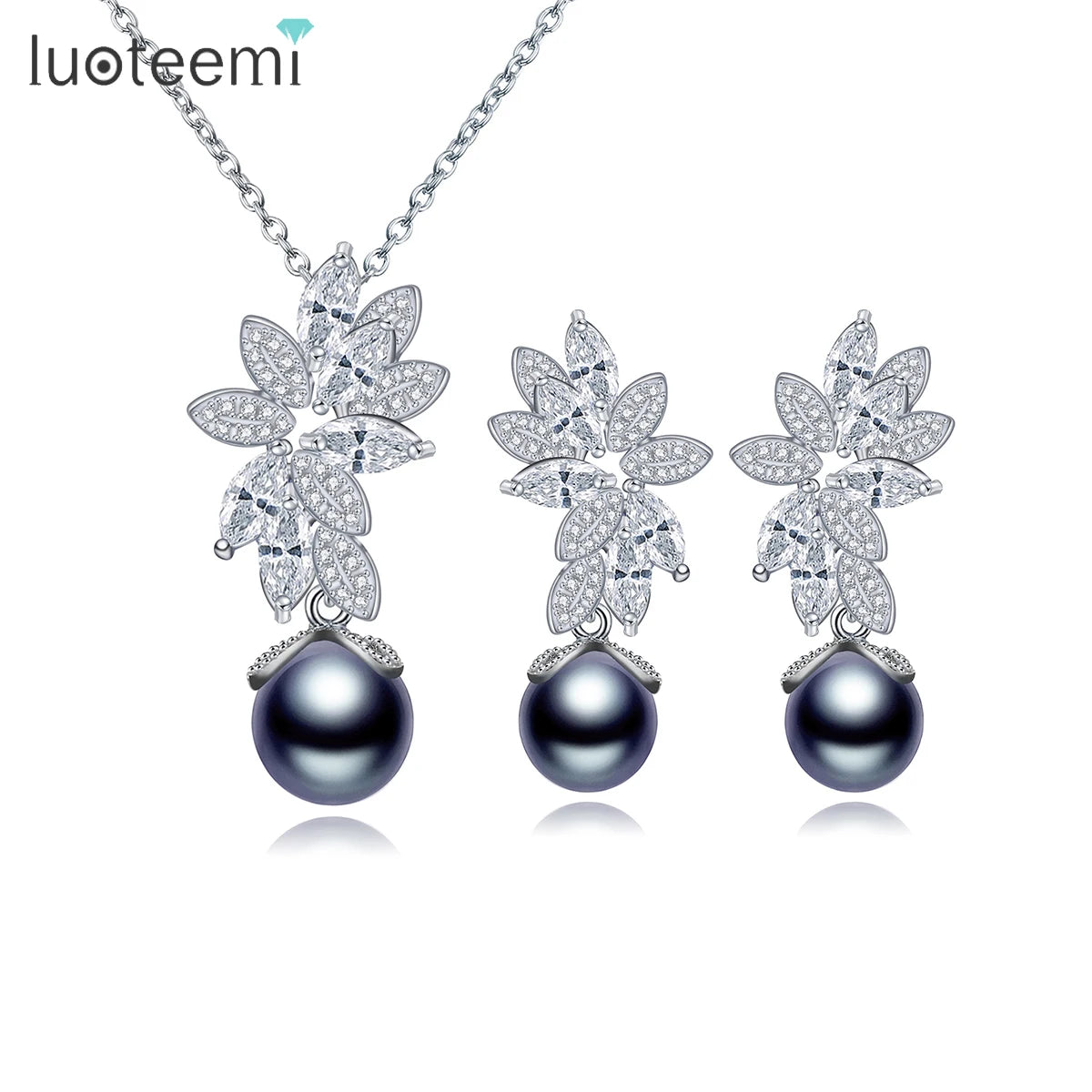 LUOTEEMI India Imitation Grey Pearl CZ Cubic Zirconia Flower Penadnt Jewelry Sets for Women Fashion