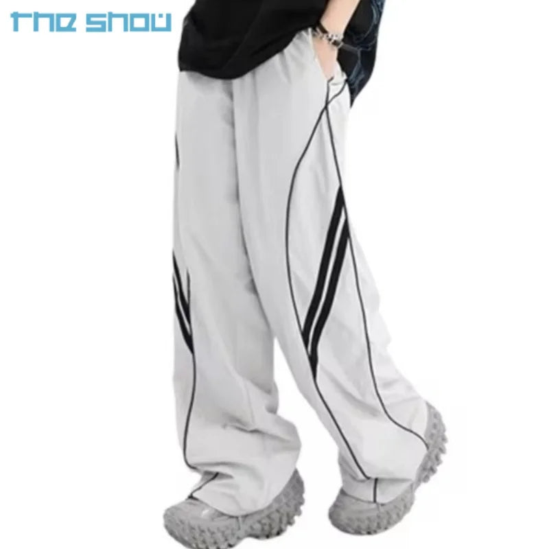 Men's Custom Logo Hip Pop Stacked Nylon Track Pants Striped Parachute Trousers With Windbreak Wide Leg