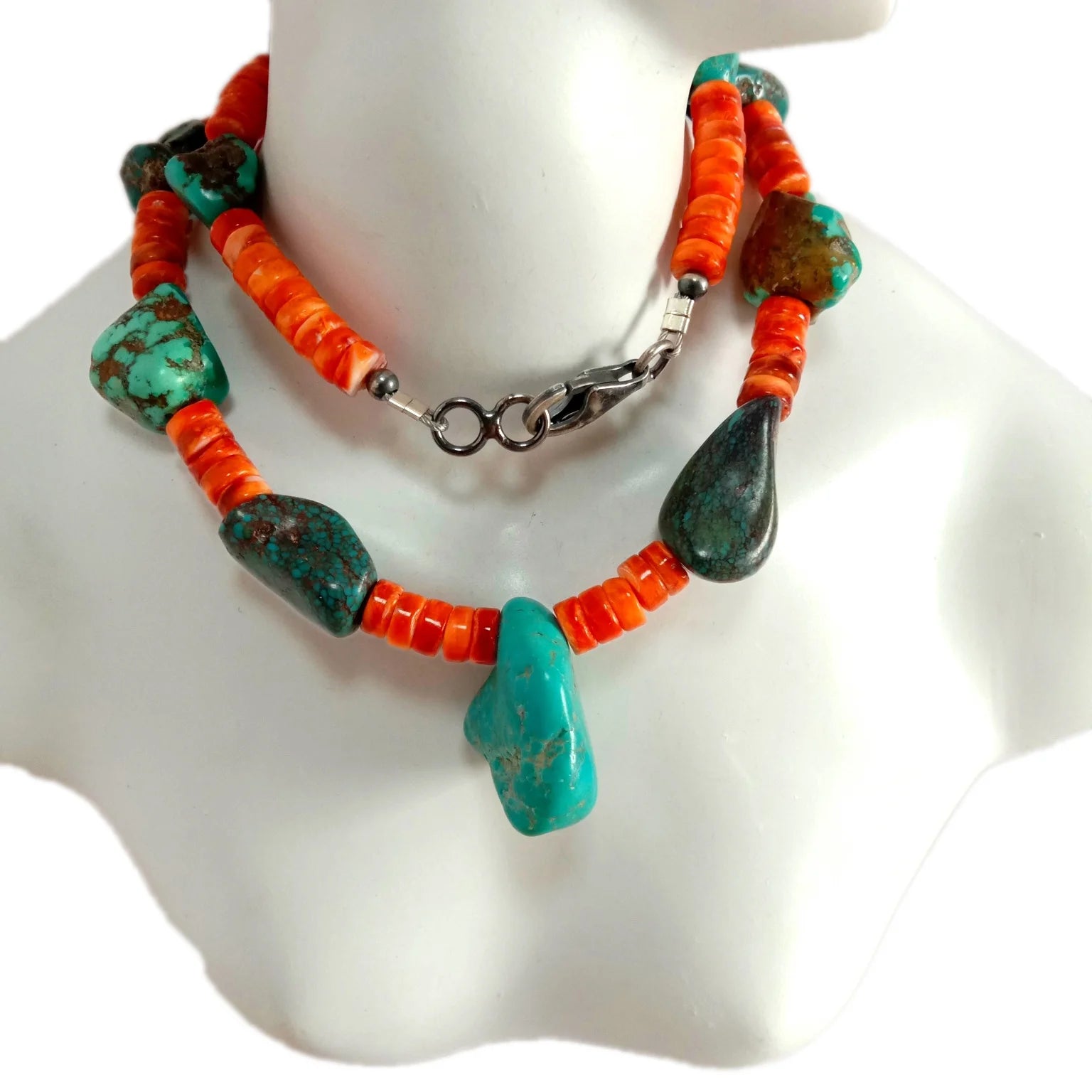 100% Natural Turquoise and orange spiny gemstone Beads  925 Sterling Silver Necklace