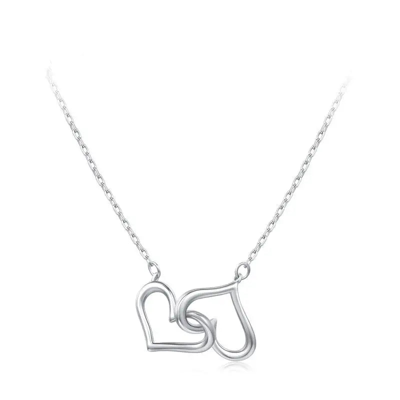 Fashion Simple love Clavicle Chain 925 Sterling Silver Rhodium Plated Hollow Double Heart Shaped Interlocking Pendant Necklace