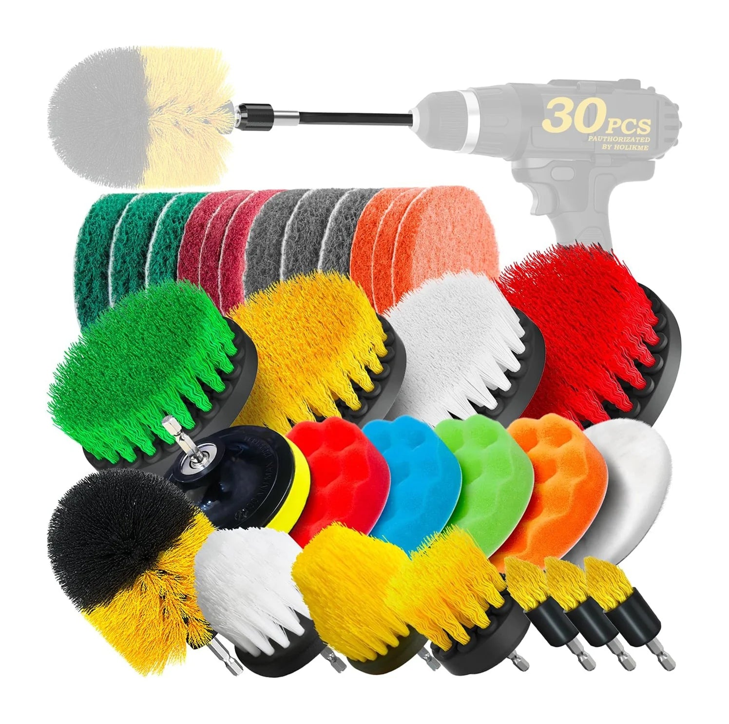30Pack  Attachments Set Scrub Pads & Sponge Power Scrubber Brush with Extend Long Attachment for Car Polishing