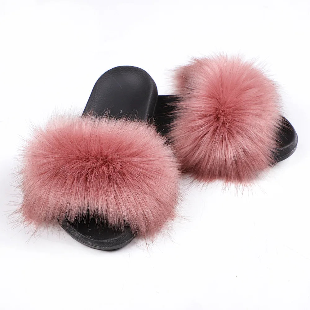 Women's slippers Flat Bottomed fox Fur slippers Girls' Convenient Flat Heeled Sandals Can Be Worn All Year Round