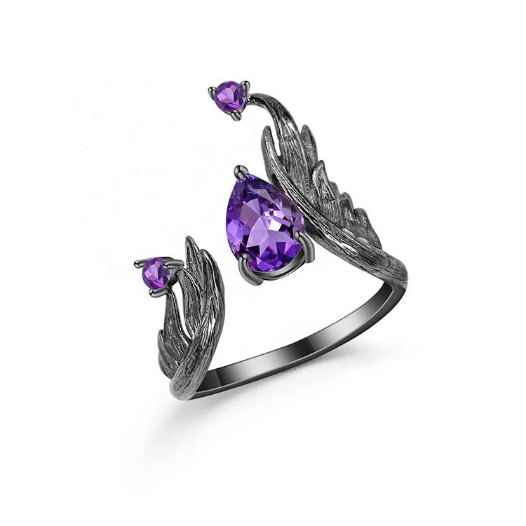 C7873 Abiding Special Tribal Myth Design 925 Sterling Silver Black Gun Plated Natural Amethyst Open Ring