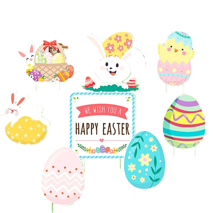 2023  Easter Courtyard Sign Outdoor Bunny Egg Chick Courtyard Sign and Easter Egg Hunting Party Supplies Easter Props Bet(8pcs)