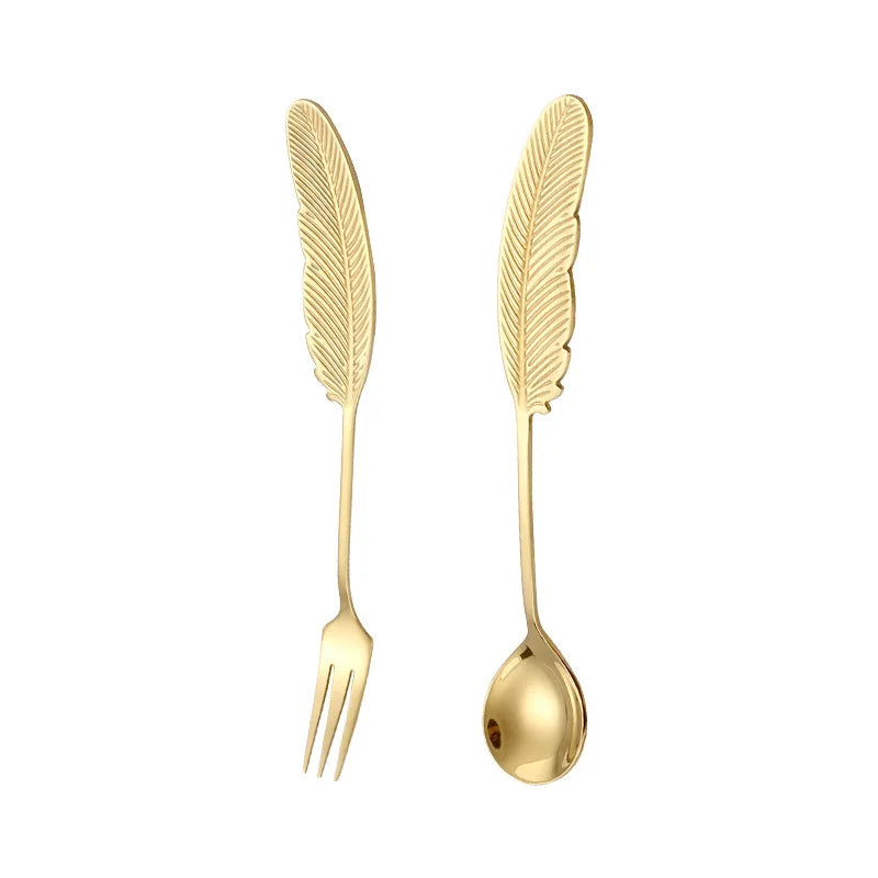 Feather Shape Spoon Folk Stainless Steel Dessert Spoon Gift Box