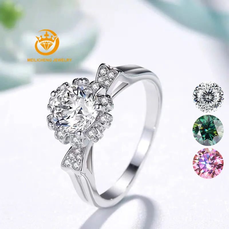 Factory Wholesale Rhodium Plated Lucky Cat Flower Shape 1Carat New Design GRA Certificate Custom for Women Moissanite Ring