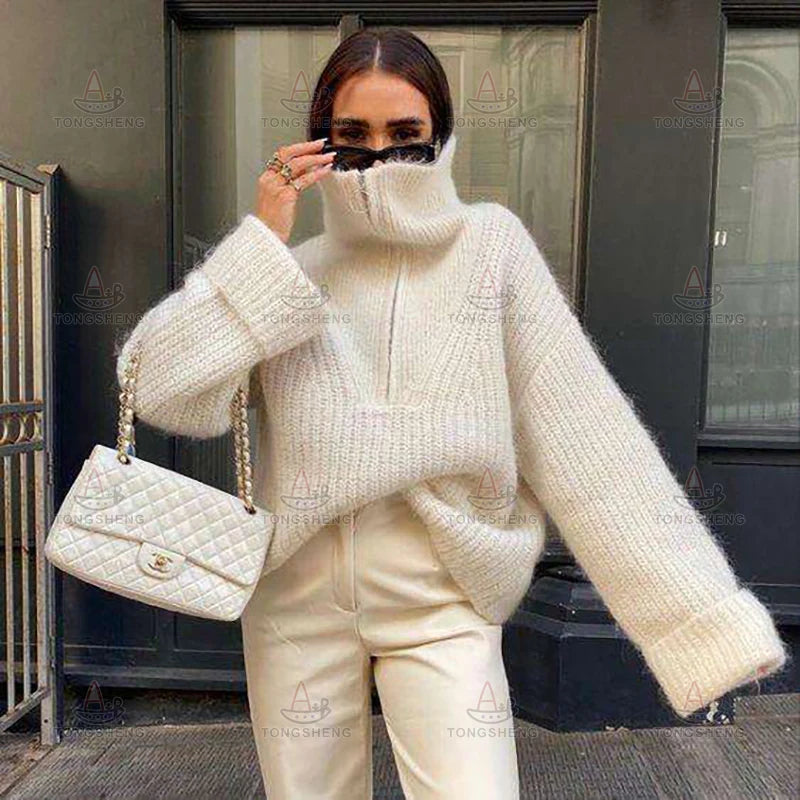 2026 OEM Knitwear Manufacturer Custom Turtleneck Fluffy Knitted Half Zip up Zipper Hooded Mohair Cardigan Sweater for Women