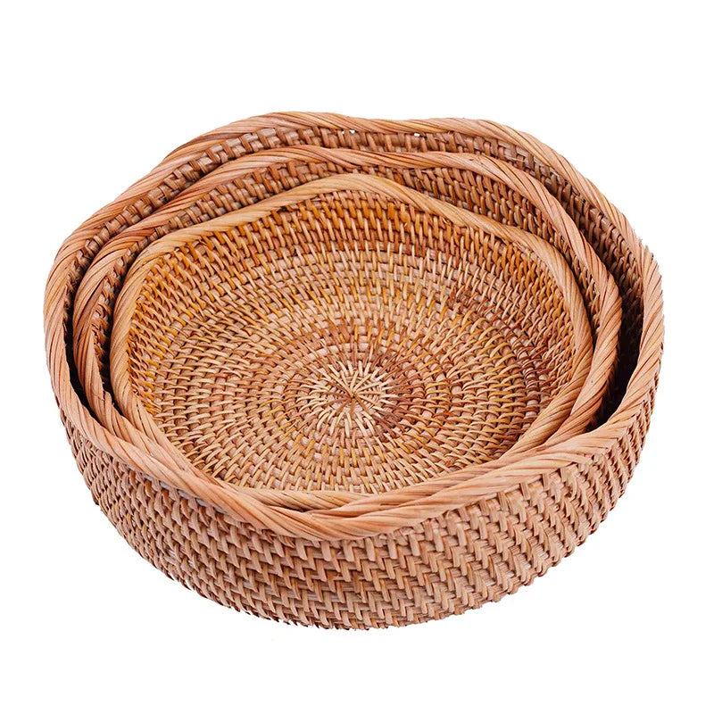 Hand-woven Natural Rattan Fruit apple Banana Living Room Table Tray Rattan Basket