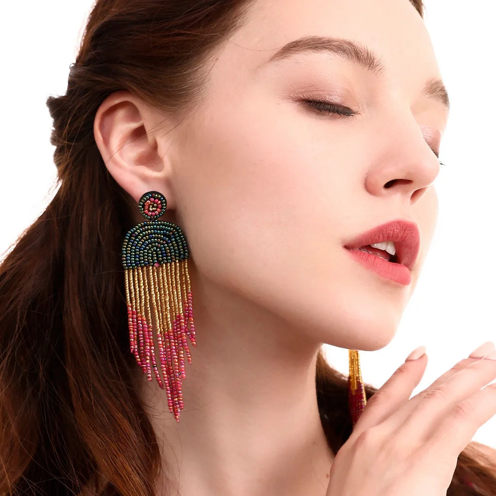 Vintage Handmade Earrings Colorful Beaded Boho Tassel Drop Earrings Exaggerated Seed Bead Earring