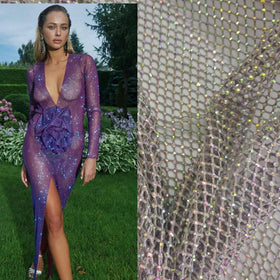 HY030 SS10 Crystal AB Rhinestones Mesh Fabric Sewing Elastic Trim Grey Silver Mesh Net for Dress