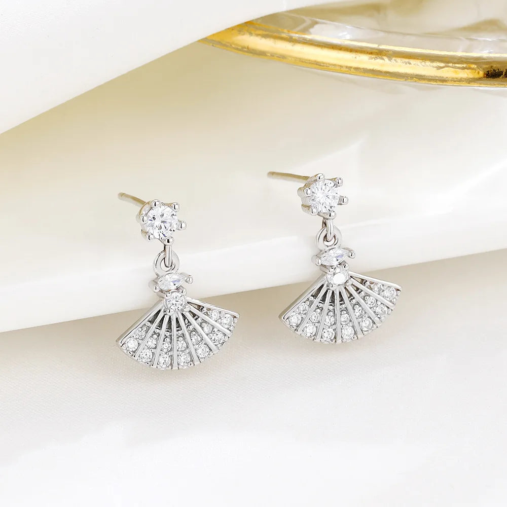 Fine 925 Sterling Silver Full Diamond Fan Stud Ins Personality Small Skirt Fan Shaped Stud Earrings