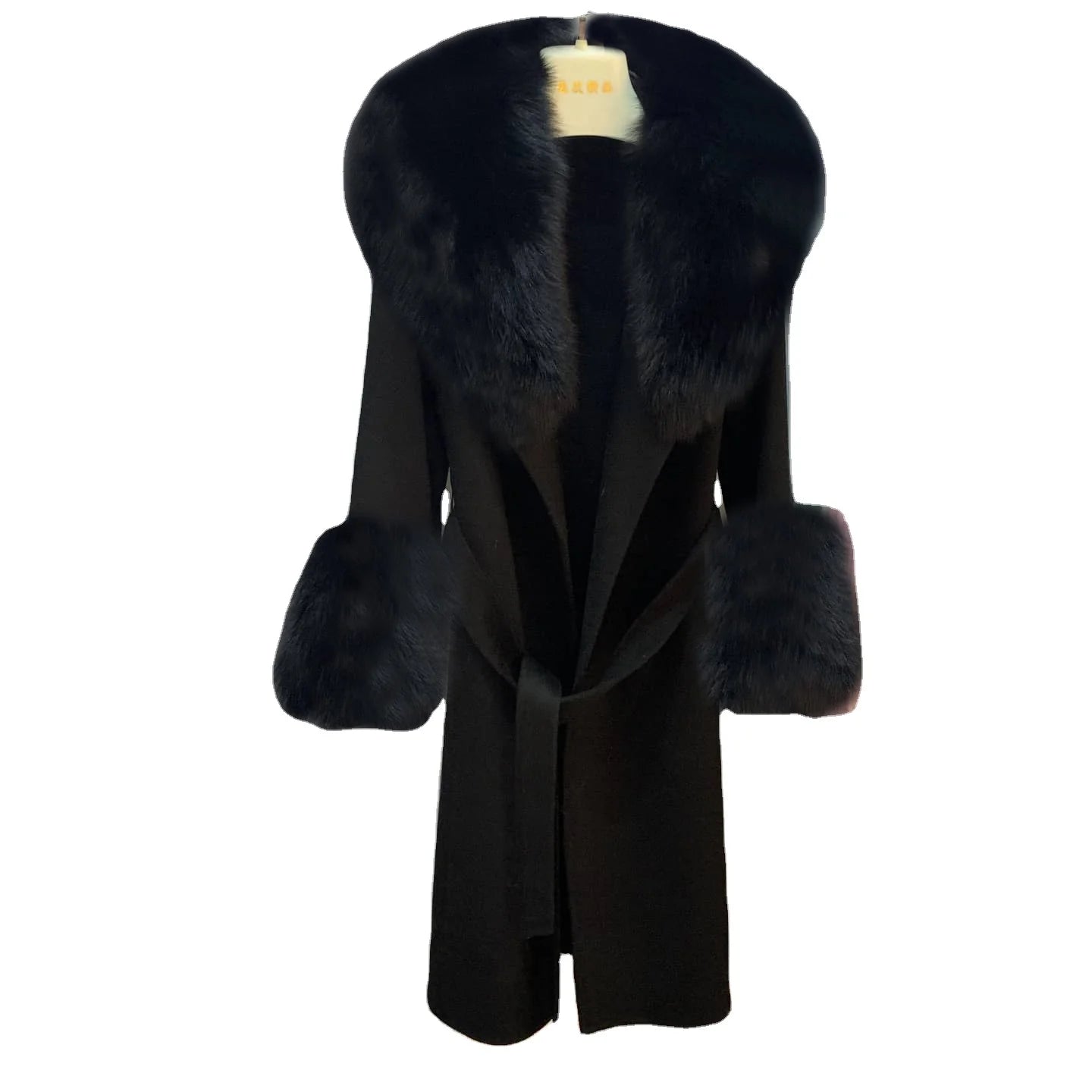 New Arrivals Custom Big Fox Fur Collar Winter Long Wool Cashmere Coat Women