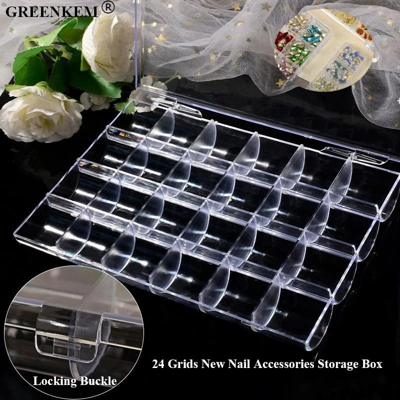 24 Grids New Nail Accessories Storage Box Transparent PS Jewelry Nail Rhinestone Nail Charms Storage Box With Lid