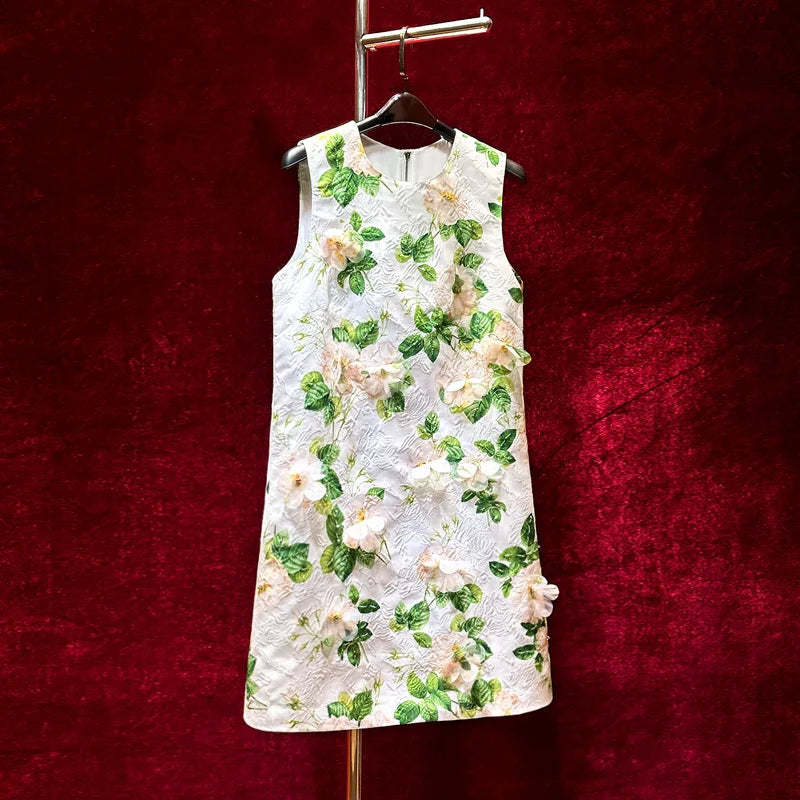 2025 High-End Summer Dress Exquisite 3D Floral Handmade A-Line Vintage Style Sleeveless Chiffon Anti-Static Natural Waist for