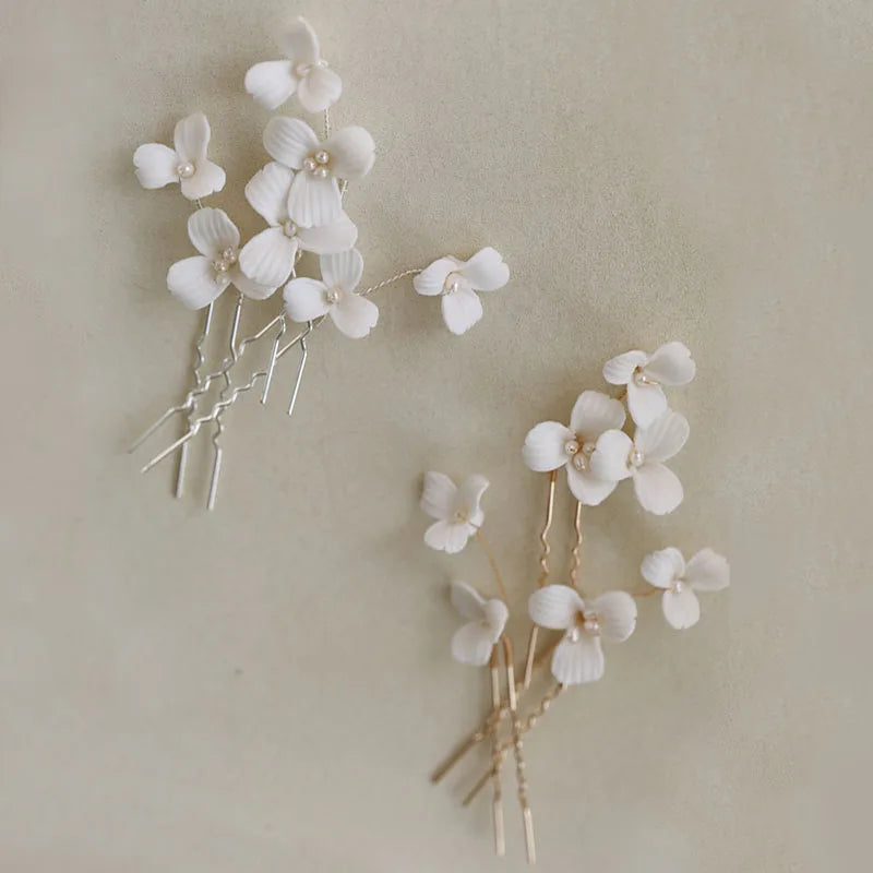 SLBRIDAL Handmade Ceramic Flower Freshwater Pearls Bridal Hair Pin Set Wedding Hair Sticker Women Girls Hair Accessories