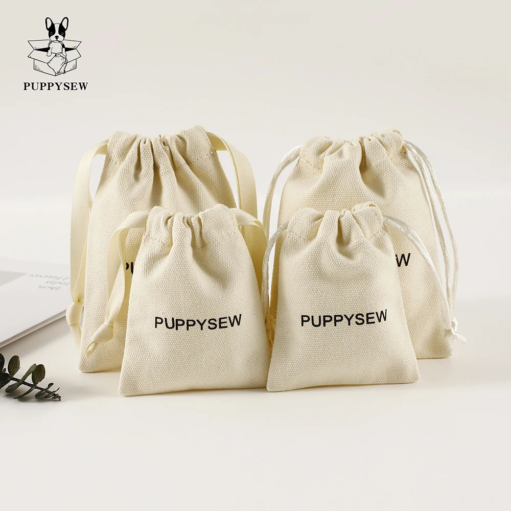 PUPPYSEW Beige Cotton  Drawstring Pouch Bags Jewelry Drawstring BagPersonalized Jewelry Gift Packaging  Pouch With Logo
