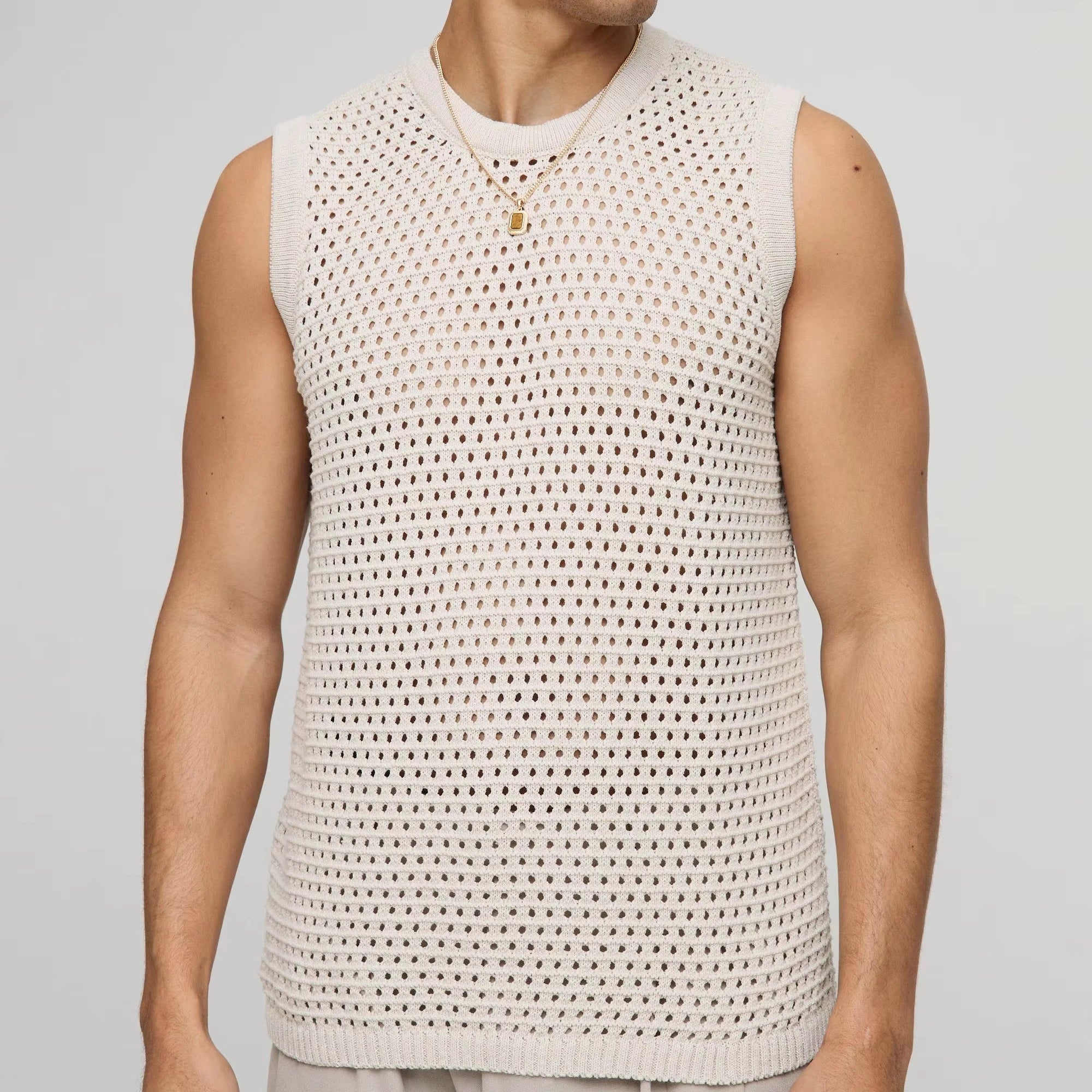 Custom Design logo Summer Beach Cover-up Men  Knitwear Crochet T-shirt Regular Fit Open Stitch Knitted Vest
