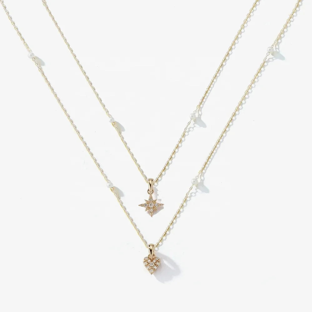 LOZRUNVE 925 Silver 14k 18k Gold Freshwater Pearl Charm Heart Starburst Necklace Set for Women Girls