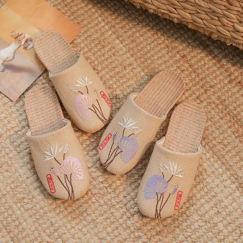 Men's and Women's Wooden Floor for Slippers with Anti-Slip Embroidery Four Seasons Linen Cotton Fabric Lining-for Winter