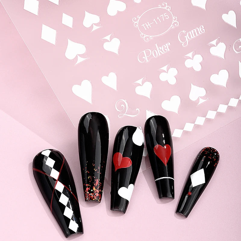 Zhengxiang White Poker Plum Blossom Square Spade Red Heart Catfish Skeleton Circle Design Nail Stickers and Decal