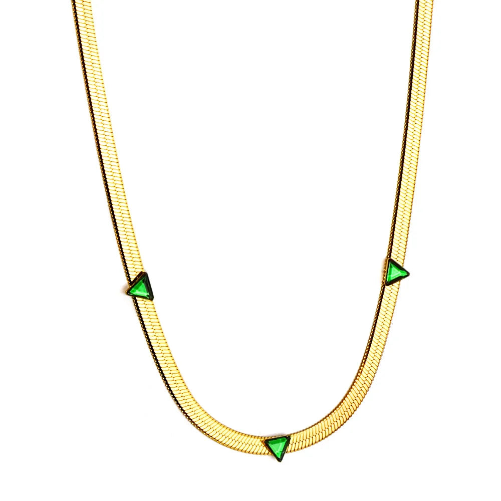 Women's Fashion Jewelry Wholesale 304 Stainless Steel Necklace PVD 18K Gold Flat Snake Chain Pave Green Zircon Necklace