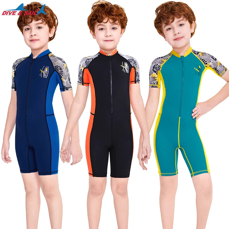 Front Chest Zip One-Piece Swim Brief Kids Swimwear Short Sleeve Surf Swimsuit Boy Diving Rash Guard Spandex/Nylon Anti-UV
