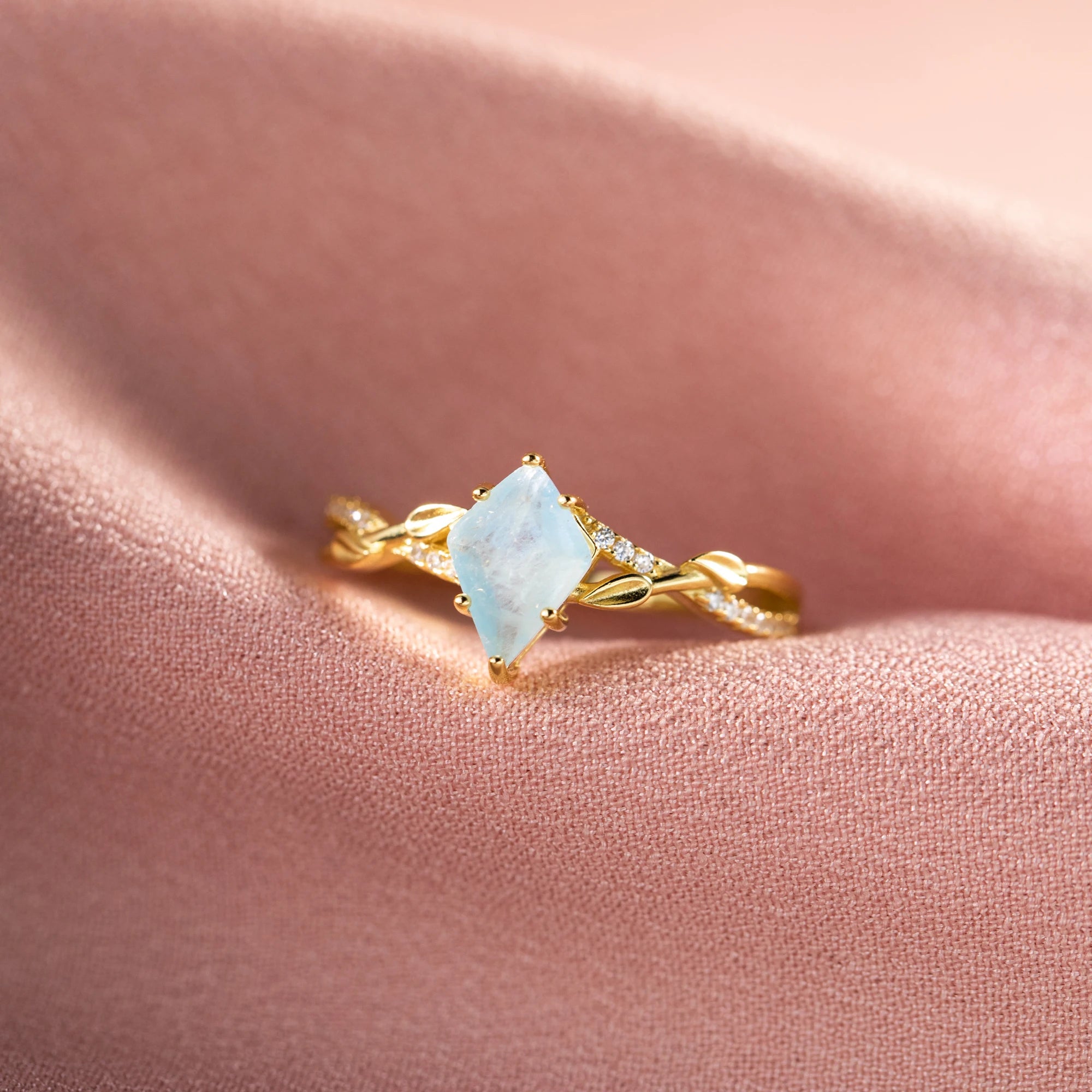 Handmade Gold Plating 925 Sterling Silver Natural Aquamarine Promise Rings Jewelry Women Engagement Ring