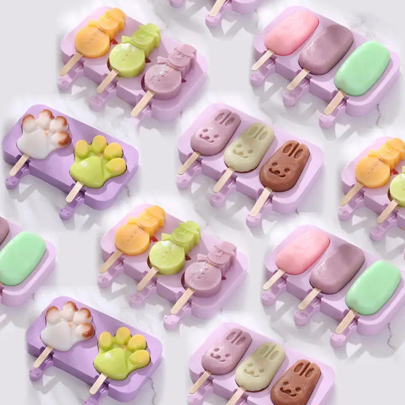 DIY BPA-Free Silicon Popsicle Mould Tools Food-Grade Silicone Ice Cream Mold Cartoon Maker Cube Tray With Lids for Kids