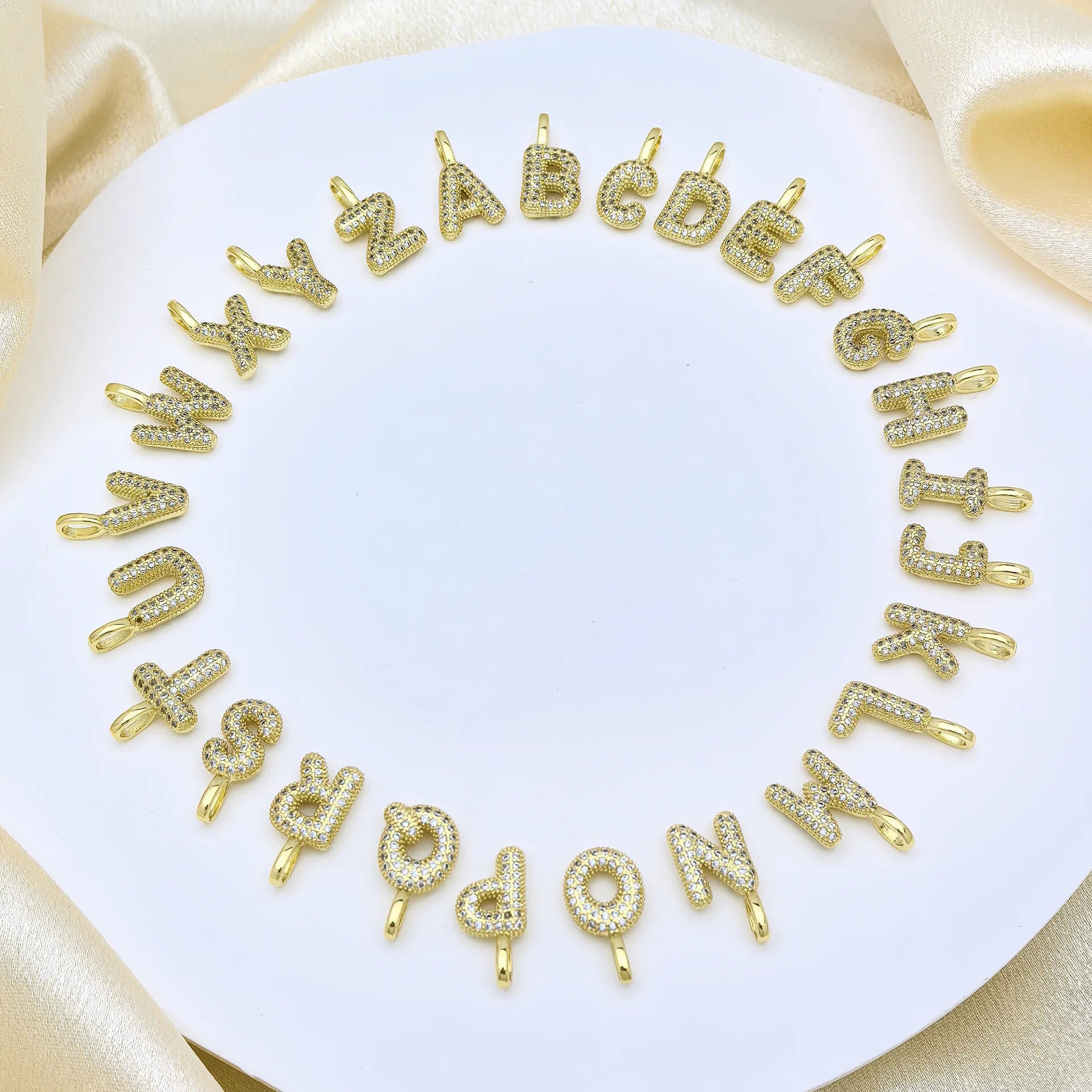 Zircon Pave Bubble Initial Charm Gold English Alphabets Pendant A-Z Letters Charms Chunky Letter Necklace