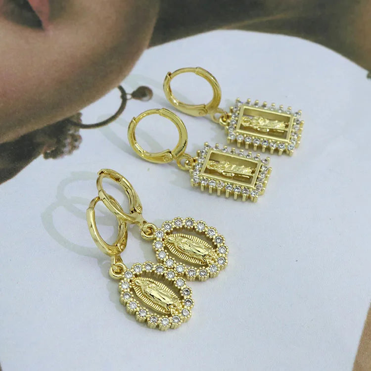 EC1863 Dainty 2023 Mini 18k Gold Plated Pave CZ Diamond Crystal Virgin Mary Star and Moon Arrowhead Charms Huggie Hoops Earrings