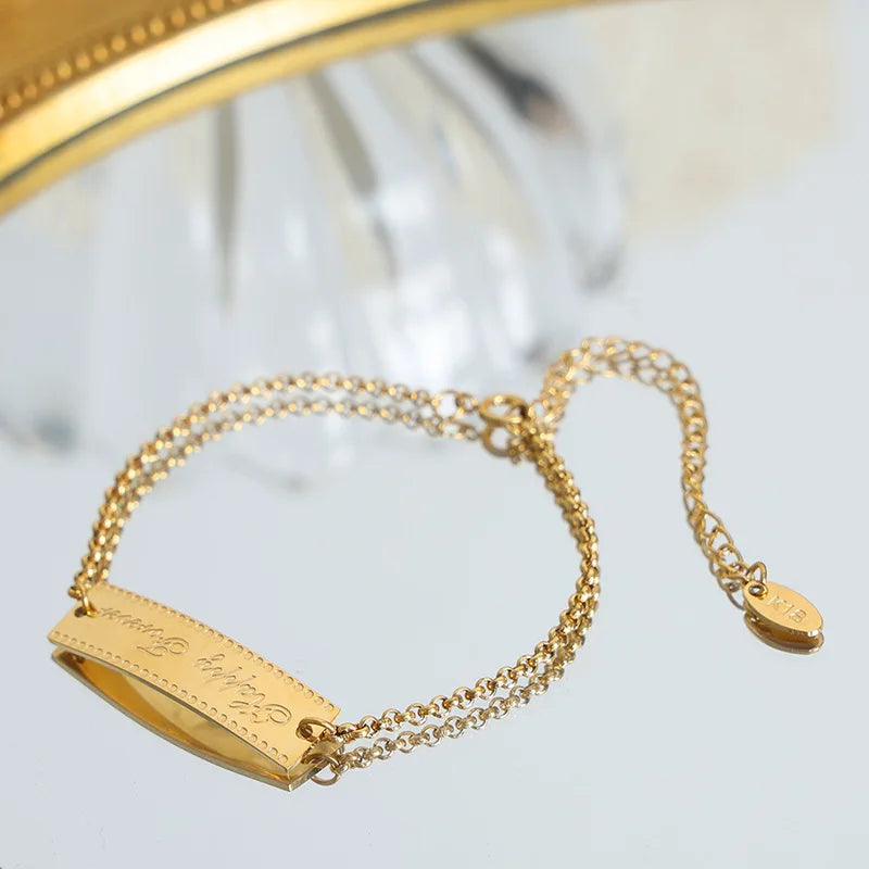 Fashion Commuter Jewelry "Happy Forever" Letter Square Sign Minimalist Stainless Steel Gold Plated Bracelet Accesorios Mujer