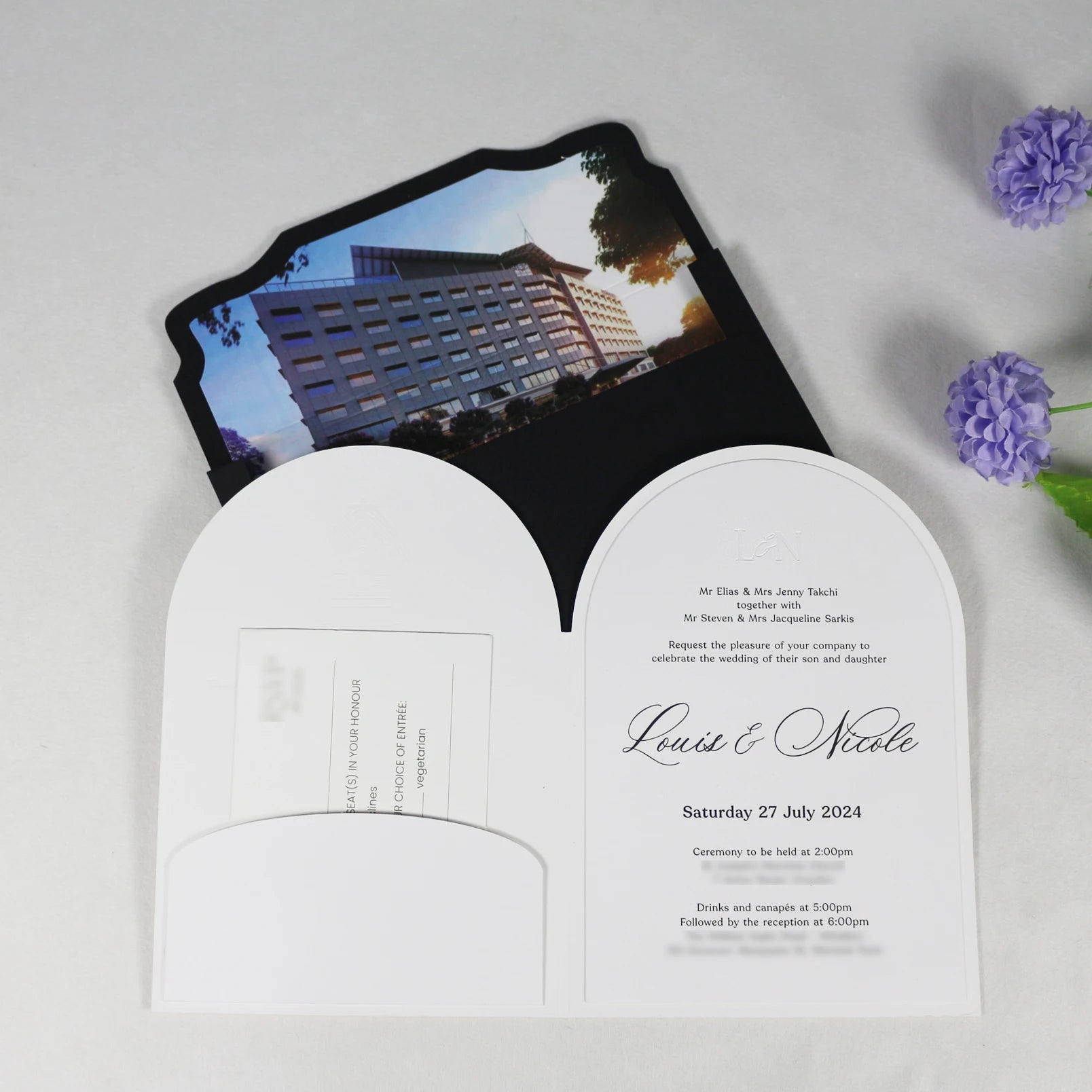 Blind Pressed Arch Shape Invitation Set Velvet Book Wedding Card Invite With Lined Envelope