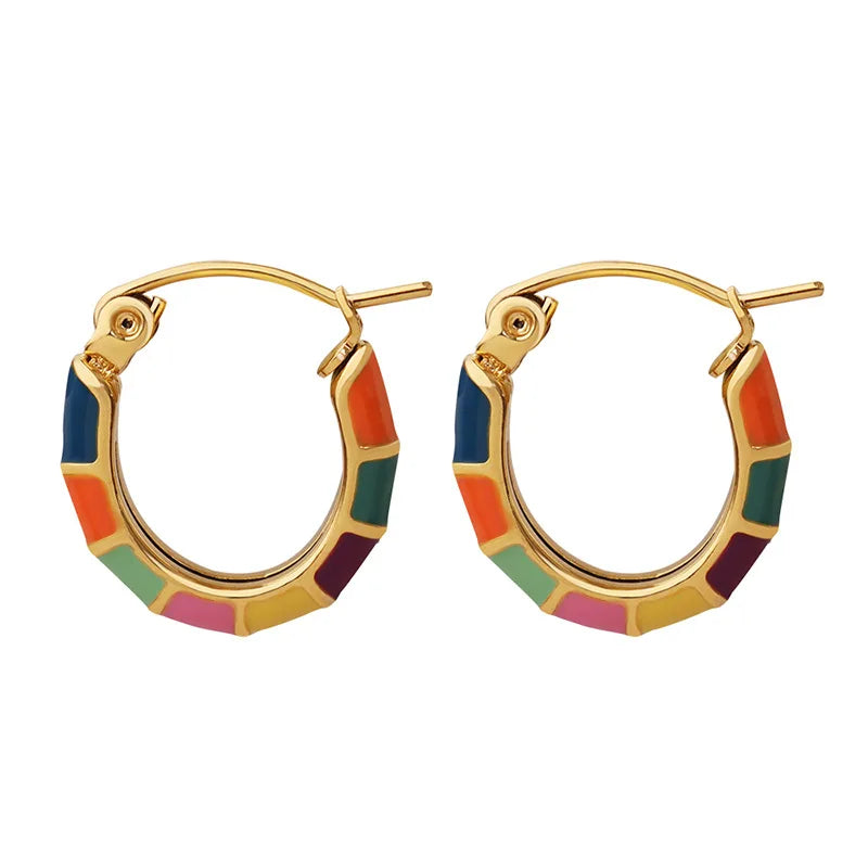 Jewelry Colorful Enamel Bohemian U Shaped Huggie Earrings Gold Plated Stainless Steel for Ladies Trendy Opp Bag Women's CN;ZHE