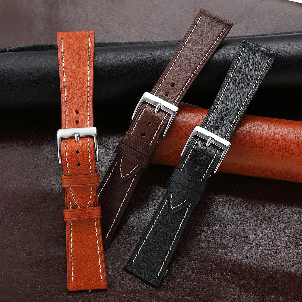 Plain Vegetable Tanned Real Cowhide Leather Watch Strap 20/22mm Top Grain Soft Genuine Leather Vegan Stitching Stainless Steel