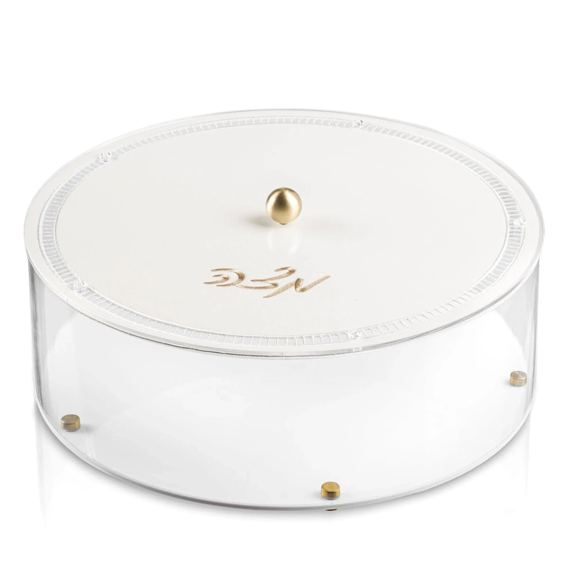 Judaica Passover Pesach Table Display Round Gold Leatherette Hemstitch Lucite Matzah Box