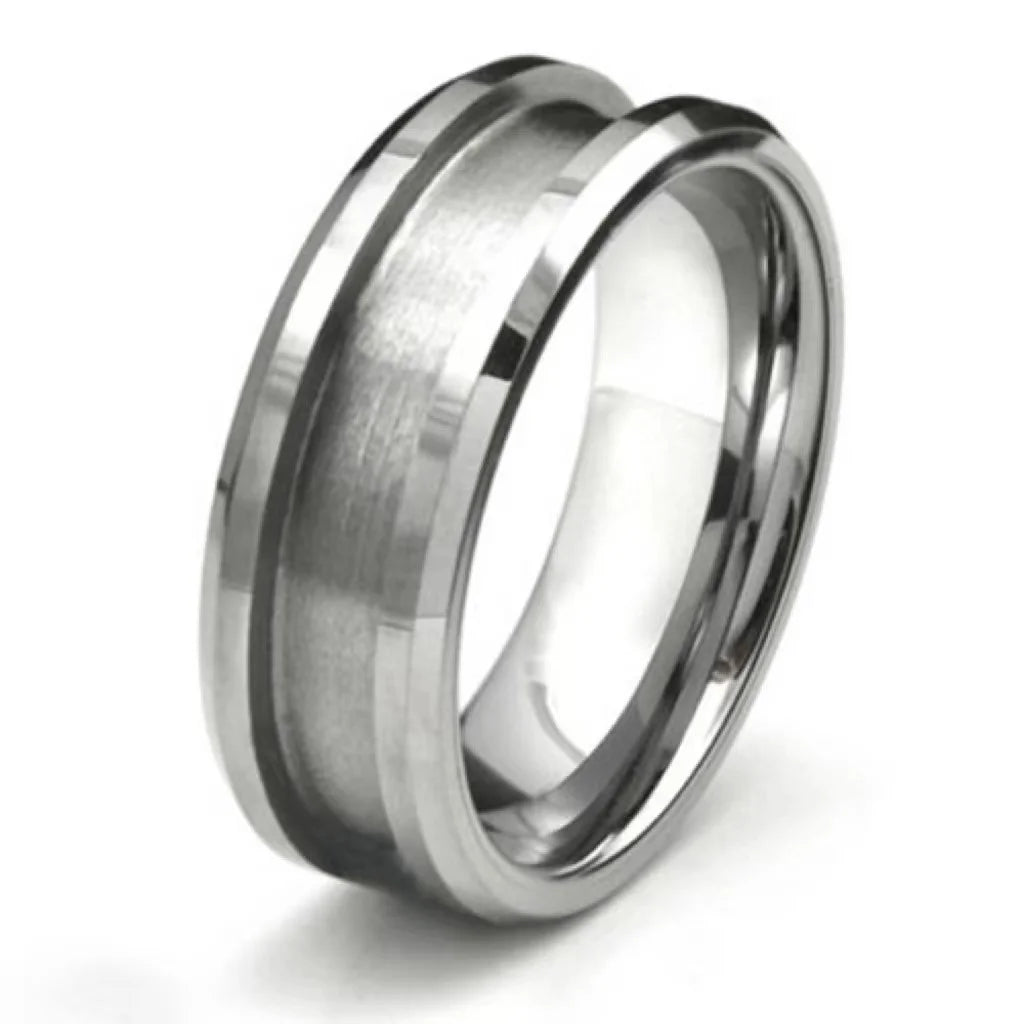 8mm Beveled Edges Recessed Center Grooved Tungsten Ring Blank for Inlay
