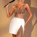 OUDINA Sweet Cool Fashion Clothing Chain Tassel Tops Crop Top  Ladies Skirt Suits Women Two Piece Sets