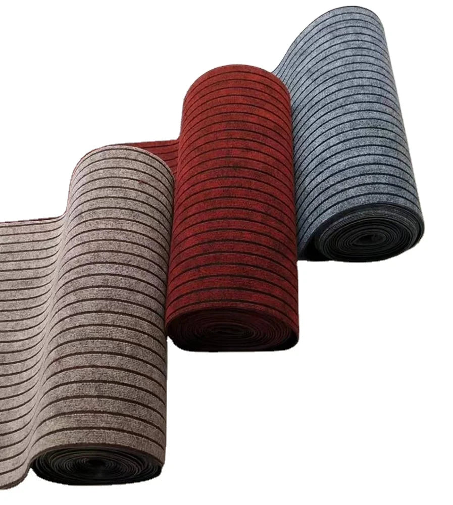 Modern Striped Polyester Floor Mats by Rolls in Red Grey Brown Seven Ribbed Needle Punched Door Mats with Anti-Slip PVC Backing