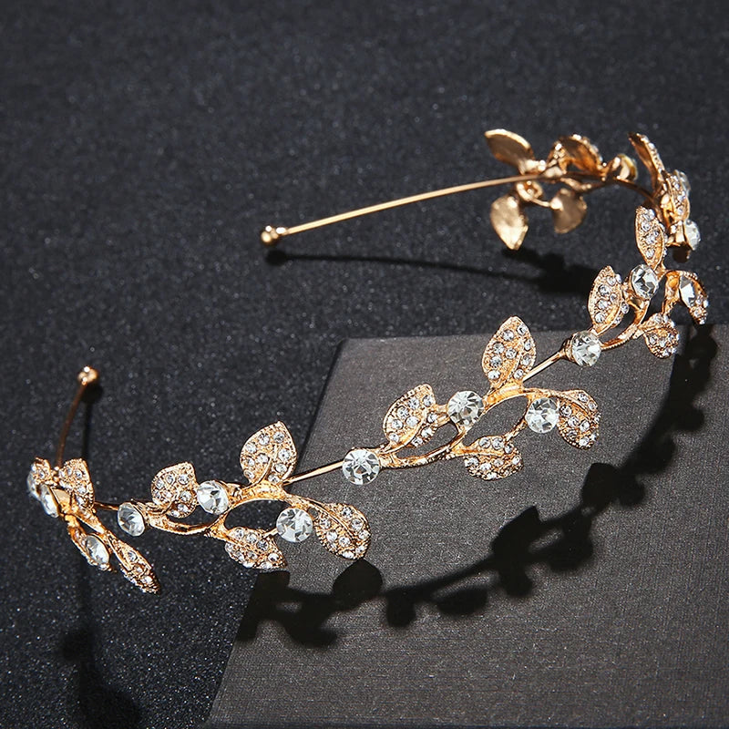 Best Price Women Crystal Gold Leaf Headband Bridal Glitter Diamond Wedding Hairband Ladies Retro Rhinestone Hair Accessories