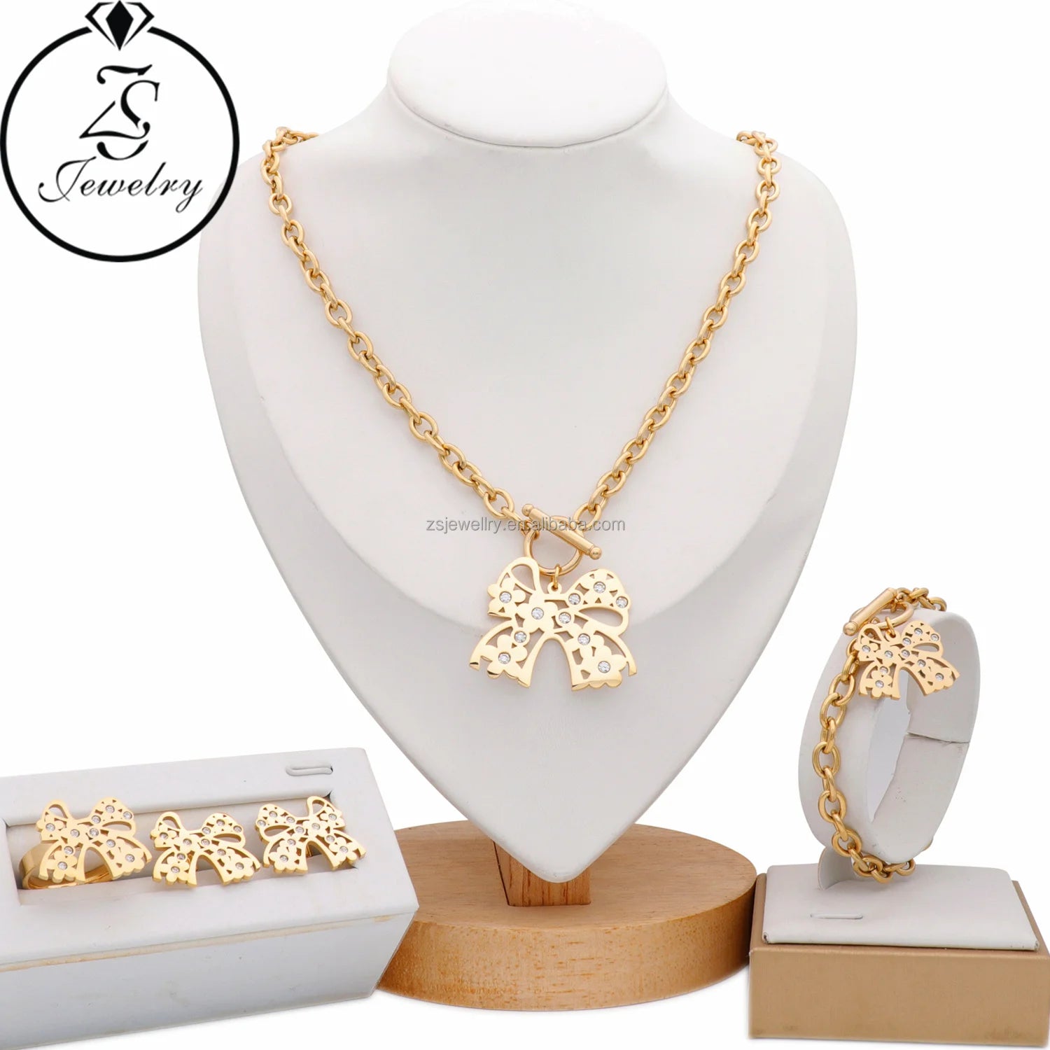Shaped Bracelet Diamond Jewelry Making Sets Gold Stainless Steel Plated Zircon Stone Thick Chain Bow Women 18K 1pc/opp Bag
