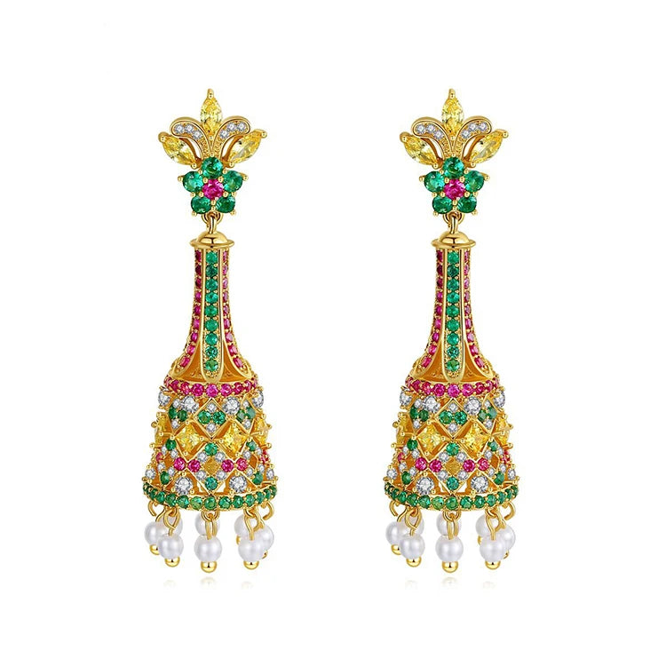 Indian Bollywood 18K Genuine Gold Plated Brass Jhumki Earrings AAA Zircon Dangle Drop Jewelry for Wedding Bridal