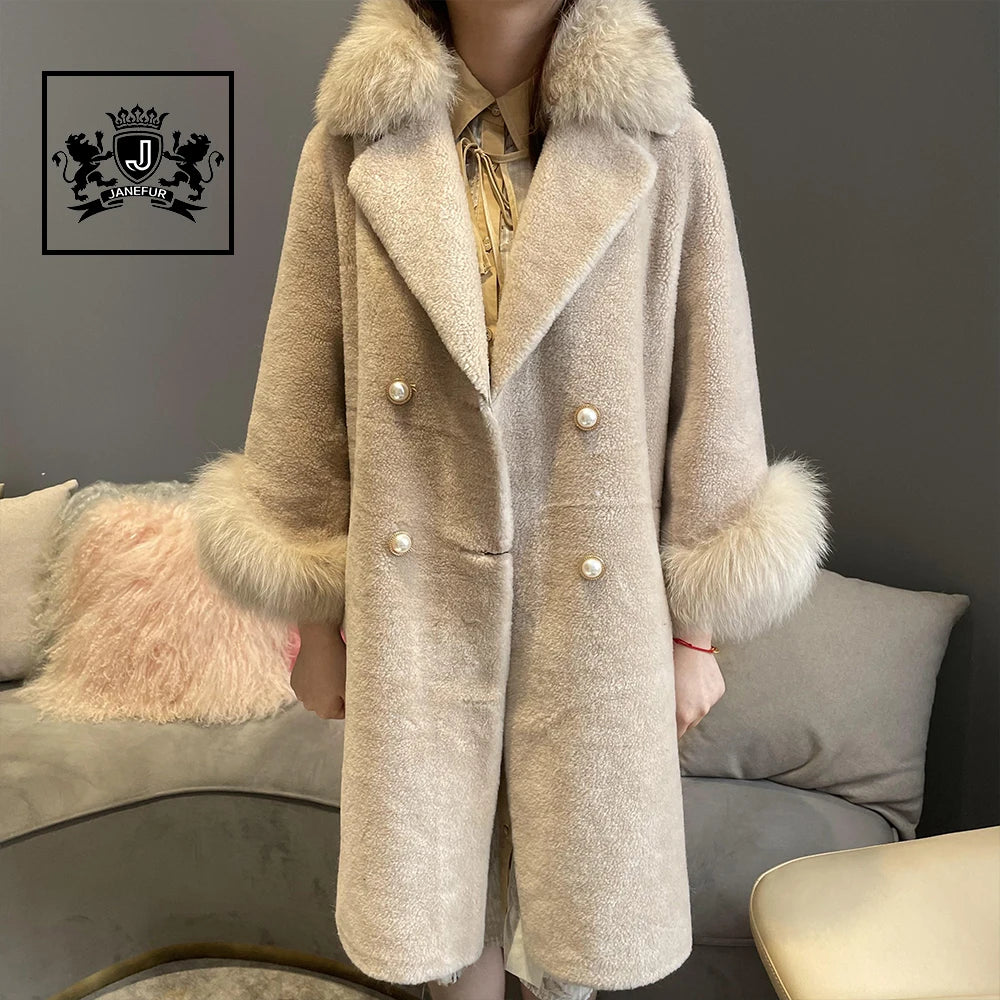 2022 Professional Manufacturer New Style Wool Sheep Sheared Fur Shearing Coat Lamb Fur Coat With Fox Fur Collar