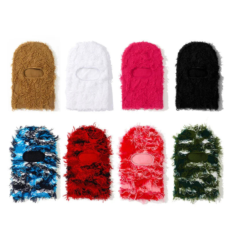 Winter Custom Distressed Designer Balaclava Beanie Hat Full Facecover Knitted Ski Mask One Hole Grassy Sports 100% Polyester