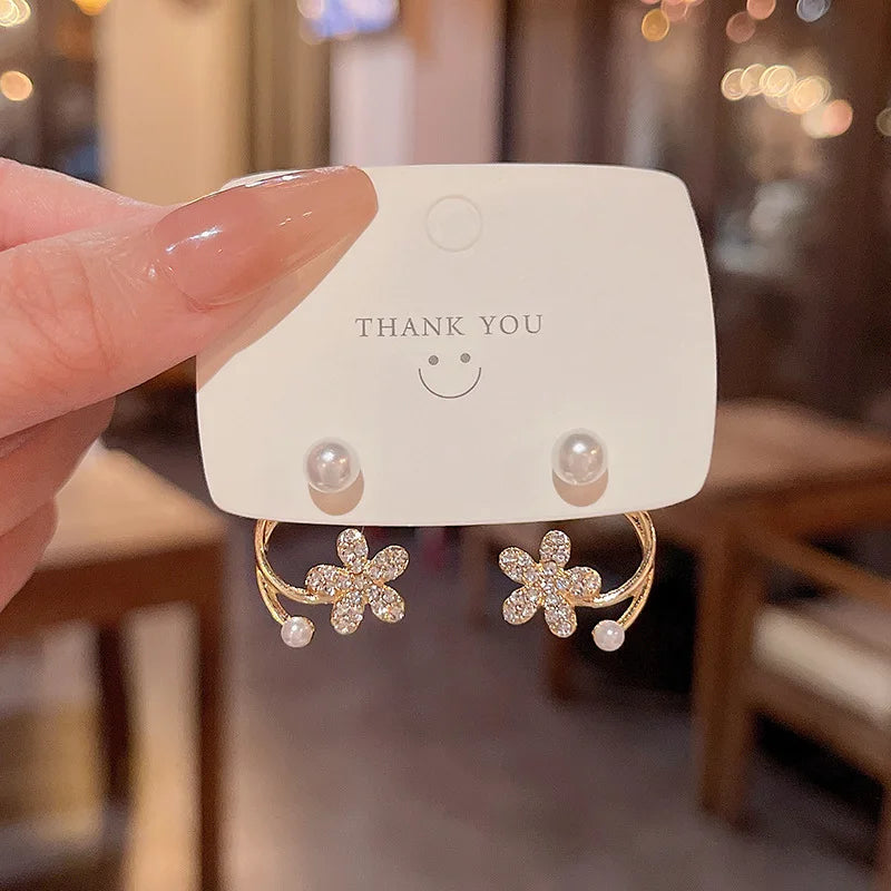Rinhoo New Elegant Flower Pearl Earrings Hanging Cute Korean Fashion Jewelry Modern Cross Earrings for Woman Girls Accessories