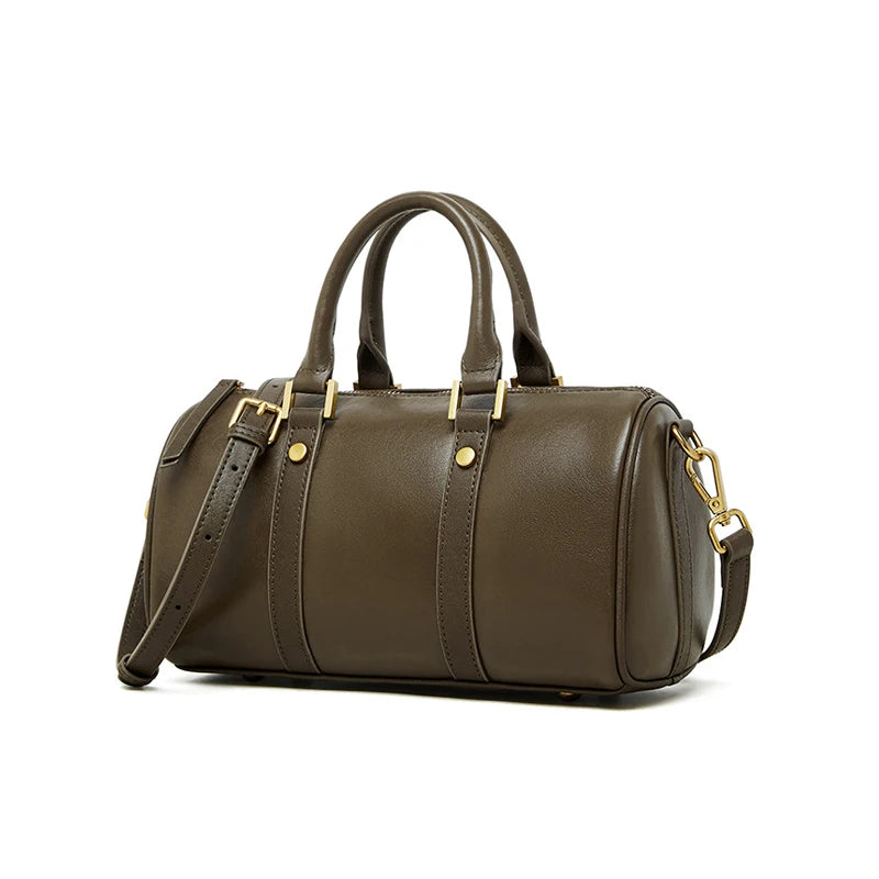 Vintage Genuine Cowhide Leather Mini Duffel Bag Large Capacity Women's Handbag for Outdoor Trip Weekender Summer Winter Autumn