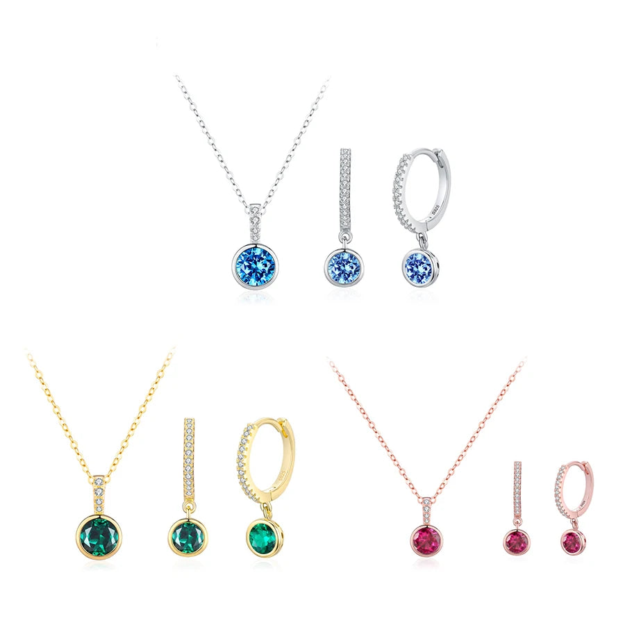 Simple Round Zircon Pendant Jewelry Set 925 Sterling Silver Gold Plated Sapphire Emerald Ruby Clavicle Chain Hoop Earrings Sets