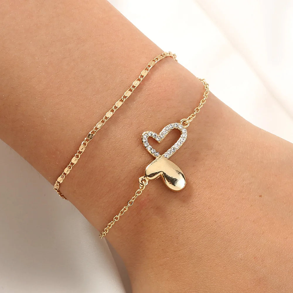 Trendy Double Layer Hollow Diamond Butterfly Bracelet Simple Gold Plated for Women Christian Gift