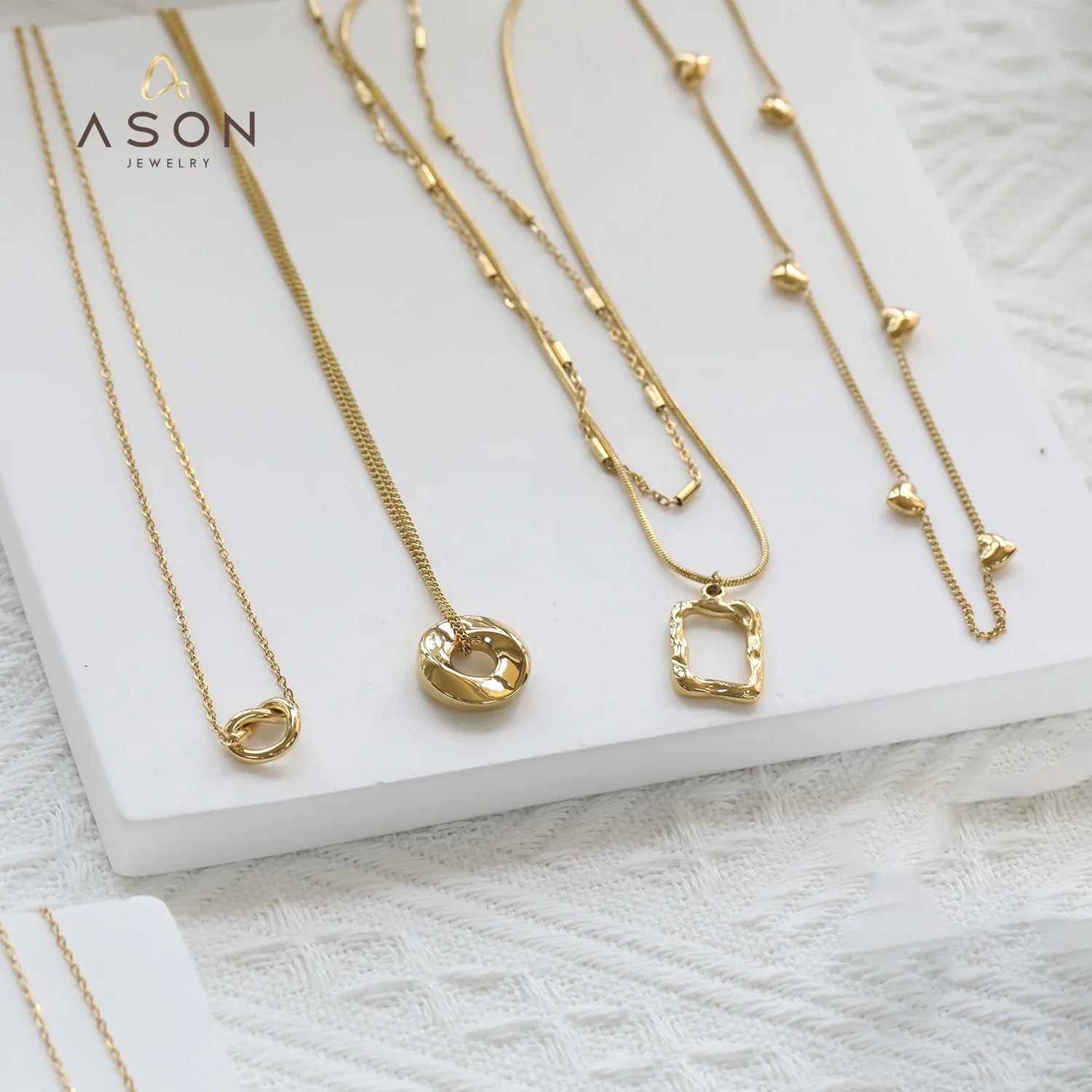 Ason Fashion 18k Gold Plated Stainless Steel Double Layer Square Twisted Hoop Jewelry Chain Dainty Heart Shaped Pendant Necklace