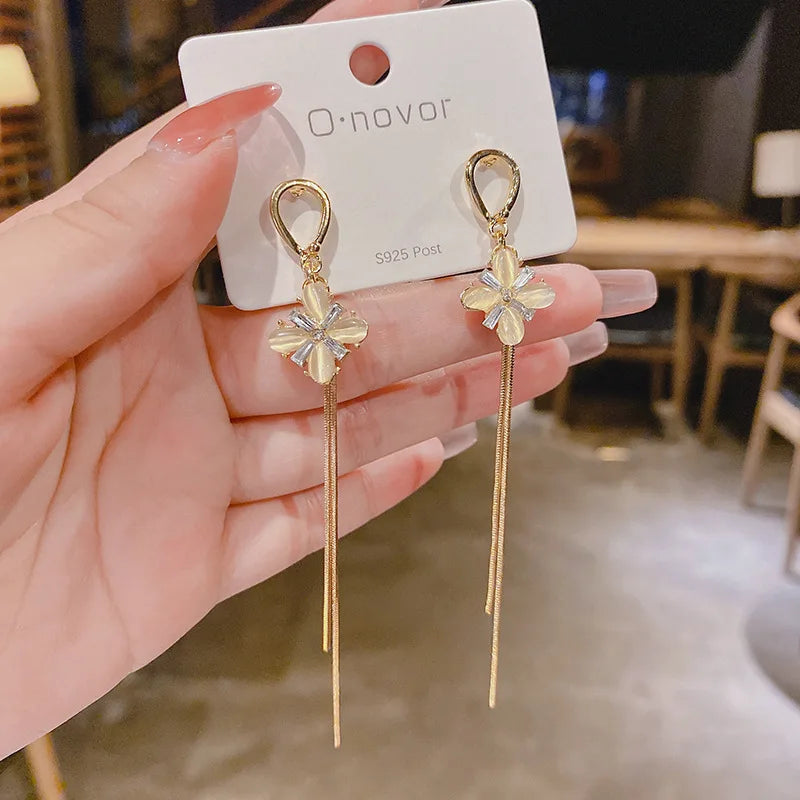 Clover Rhinestone Long Tassel Earrings Jewelry Accessories Opal Flower Geometric Square Crystal Dangle Earrings for Women