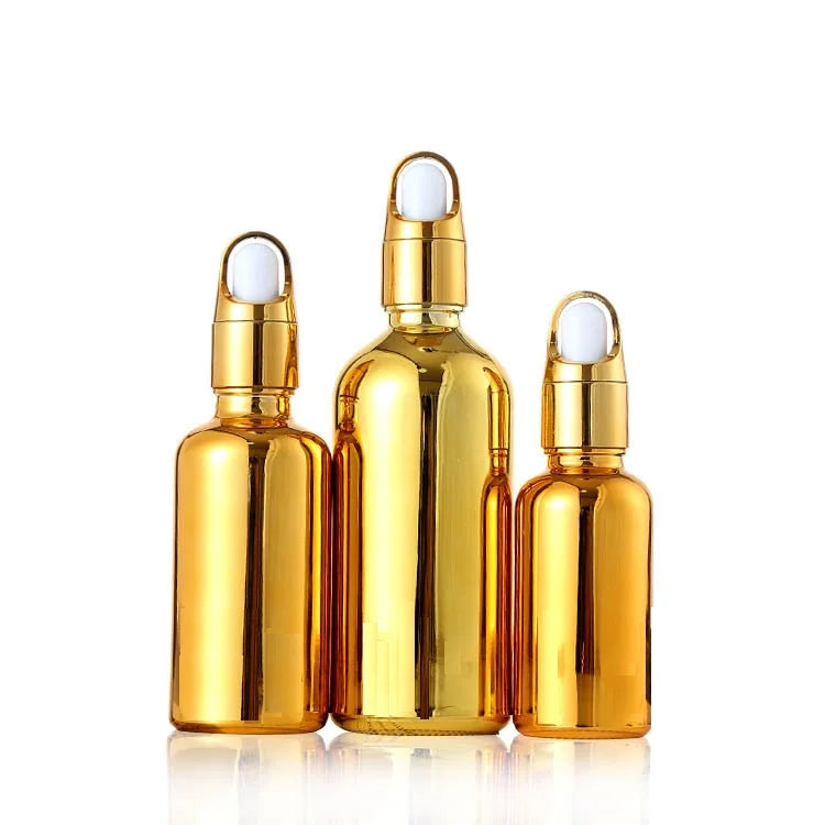 5ml 10ml 15ml 20ml 30ml 50ml 100ml Empty Shiny Gold Cosmetic Serum Essential Oil Packaging Glass Dropper Bottles